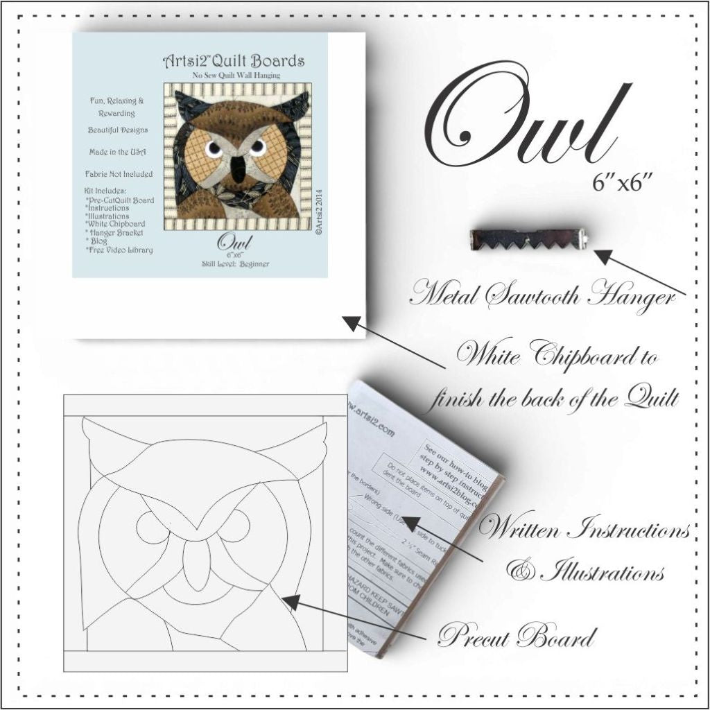 Owl Easy DIY Quilting 6"X6" No Sewing Required by Artsi2
