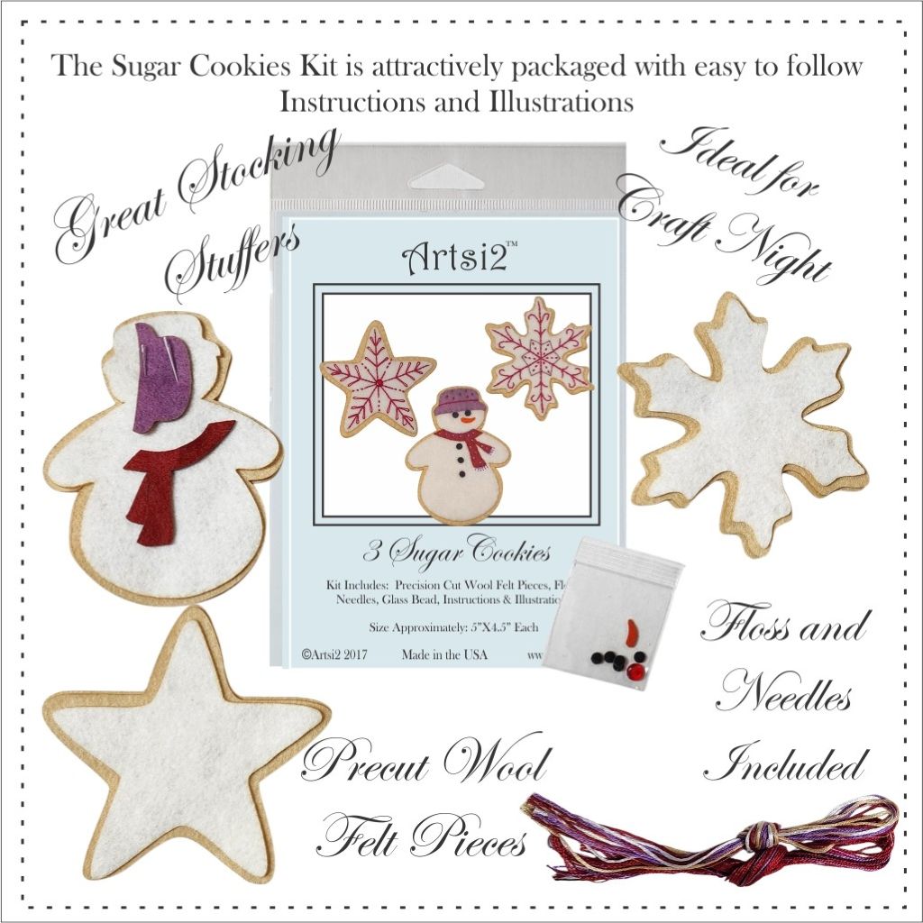 3 Sugar Cookies Hand Embroidery Stitch Kit by Artsi2